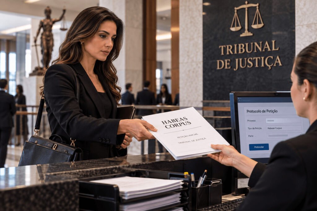 Advogada protocolando pedido de habeas corpus em tribunal de justiça